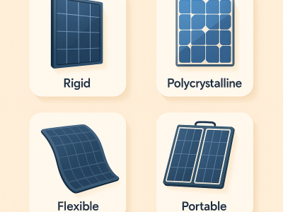 Tipos de placas solares para autocaravanas mostradas en módulos comparativos.